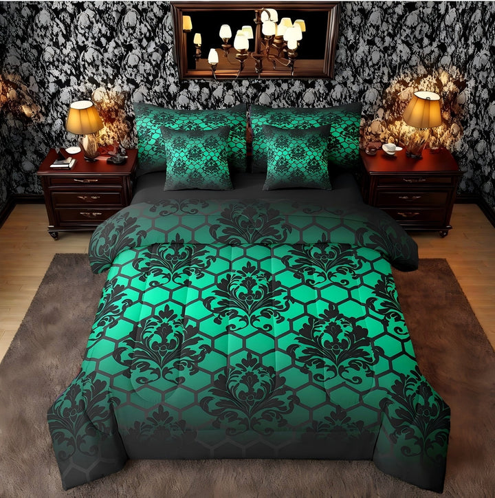 Erosebridal Vintage Boho Damask Bed in a Bag Twin size, Green Bed Set, Hippie Mandala Decor, Reversible 7pcs
