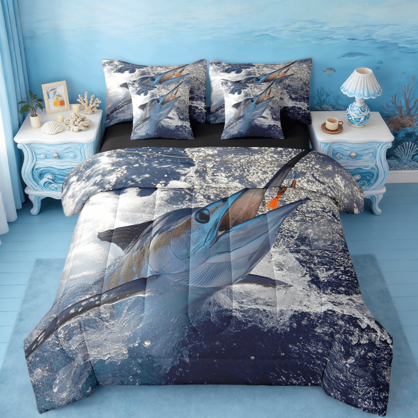 Manfei Fishing And Hunting 7 Pieces Bedding Comforter Set,Pike Fish Full Bedding Set,Ocean Theme Fitted Sheet Flat Sheet For Boys Teens,Luxury Bedroom Decor Reversible