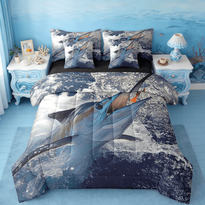 Manfei Fishing And Hunting 7 Pieces Bedding Comforter Set,Pike Fish Full Bedding Set,Ocean Theme Fitted Sheet Flat Sheet For Boys Teens,Luxury Bedroom Decor Reversible
