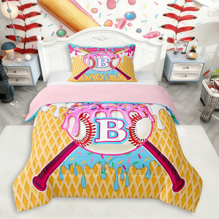 Erosebridal Ice Cream Drip Dessert Boy Twin Comforter Sets 3-Piece,Teens Sport Baseball Letter Monogrammed B Bedding Set,Pink Reversible
