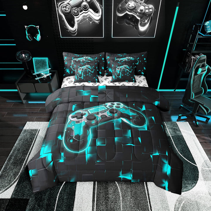 7 Pcs Twin Size Comforter Set Bed in a Bag 3D Black and Teal Gamepad Game Console Comforters Set with Sheets(1 Comforter, 1 Flat Sheet 1 Fitted Sheet 2 Pillowcases 2 Throw Pillow Covers)