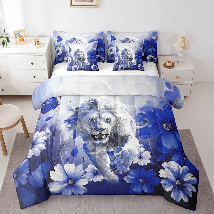 Lion 7 Piece Comforter Set Full Daisy Flowers Bedding Sets,Navy Blue Ombre Oil Painting Sheet Set with Comforter Graffiti Art Western Animals Butterfly Bohemian Decor