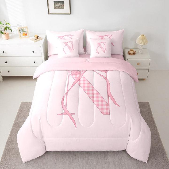 Erosebridal Girly Pink Bow-tie Bedding Sets Twin Size, Initial A to Z Comforter Sets with Sheets, Initial N Decor, Reversible 7pcs