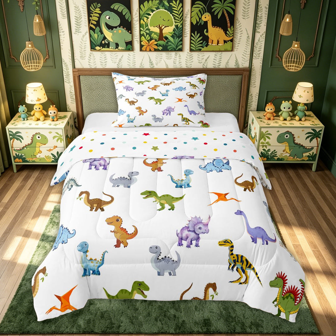 meiyoeat Cute Dinosaur Full Size Comforter Sets for Kids Boys Girls, Cartoon T-rex Dino Bedding Comforter Set, White, Polkadot Reversible, 3pcs, 1 Comforter and 2 Pillowcases