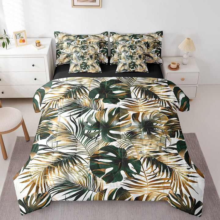 Erosebridal Palm Tree Leaf Bed In A Bag Twin Gold Green Hawaii Tropical Botanical Comforter Set 7 Piece Summer Watercolor Plant Nature Bedding Set Palm Leaves Bed Sheets Set With Comforter