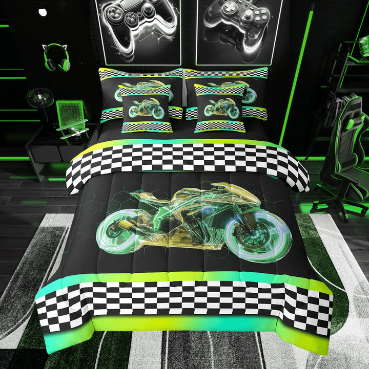 Erosebridal Dirt Bike Sports Bed in a Bag Twin size, Yellow Green Bed Set, Teens, Reversible 7 Pieces