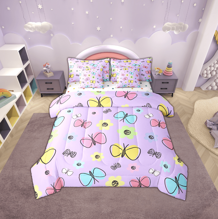 Erosebridal Colorful Butterfly Bedding Sets Twin Size,Purple Pink Comforter Sets with Sheets,Microfiber Reversible Bed in a Bag Twin size,Cartoon Decoration,7pcs