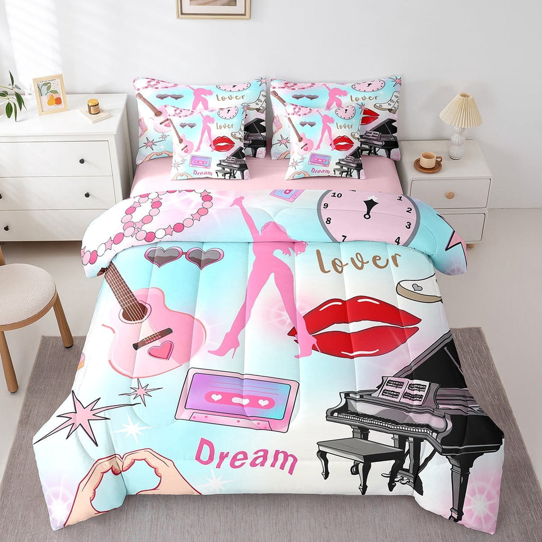 Erosebridal Guitar Piano Bedding Sets Twin Size,Red Lips Comforter Sets with Sheets,Music Theme Bed in a Bag Twin size,Lightweight Dreamy Bedroom Decorative,Reversible,7pcs