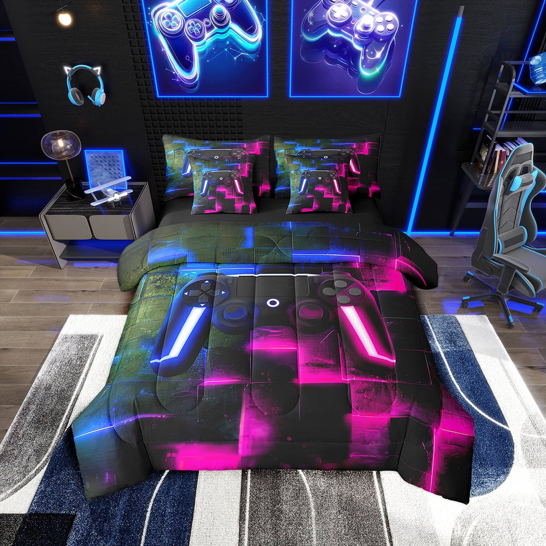 7-Piece Gamepad Print Bed in a Bag Gradient Grid Bedding Set, Black Navy Blue Hot Pink Twin Size Comforter Set Gamer Gaming Bedding Comforter Sets, Abstract Square Bed Set