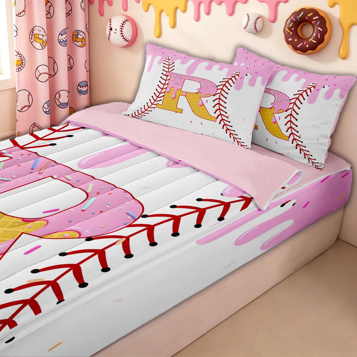meiyoeat Ice Cream Baseball R Letter Zipper Twin Comforter Sets with Fitted Sheet and 2 Pillowcases for Kids, Waffle Candy Drip Zipper Bedding Set, Pink Reversible, 4-Piece