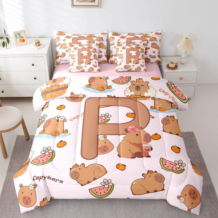 Erosebridal Kids P Personalized Initial Capybara Bubble Tea Twin Bedding Sets 7-Piece,Boys Girls Kawaii Funny Food Bedding Comforter Set,Pink Reversible