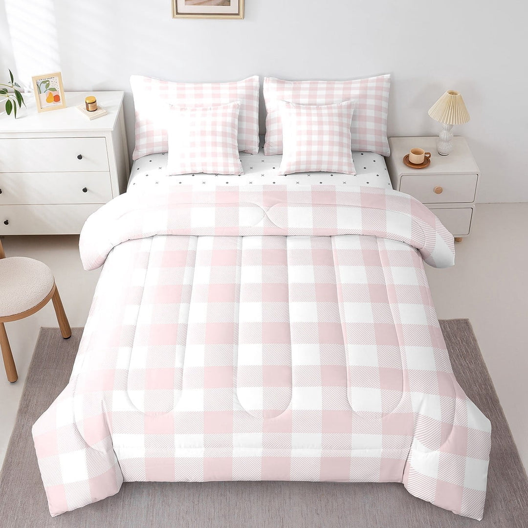 Erosebridal Geometric Plaid Bedding Sets Twin Size,Pink White Comforter Sets with Sheets,Buffalo Grid Bed in a Bag Twin size,Lightweight Abstract Room Decor,7pcs