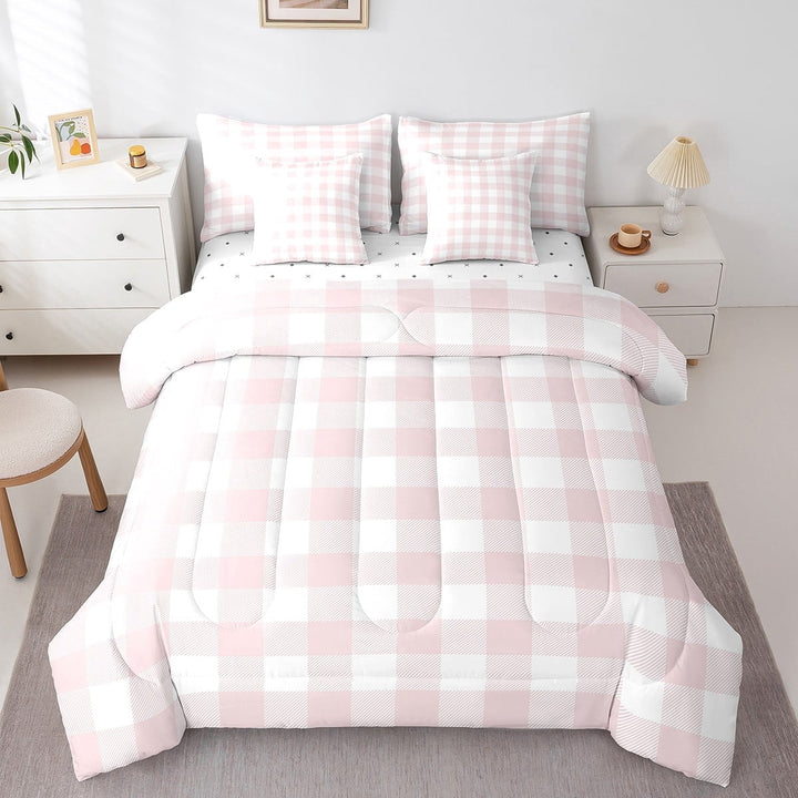Erosebridal Geometric Plaid Bedding Sets Twin Size,Pink White Comforter Sets with Sheets,Buffalo Grid Bed in a Bag Twin size,Lightweight Abstract Room Decor,7pcs