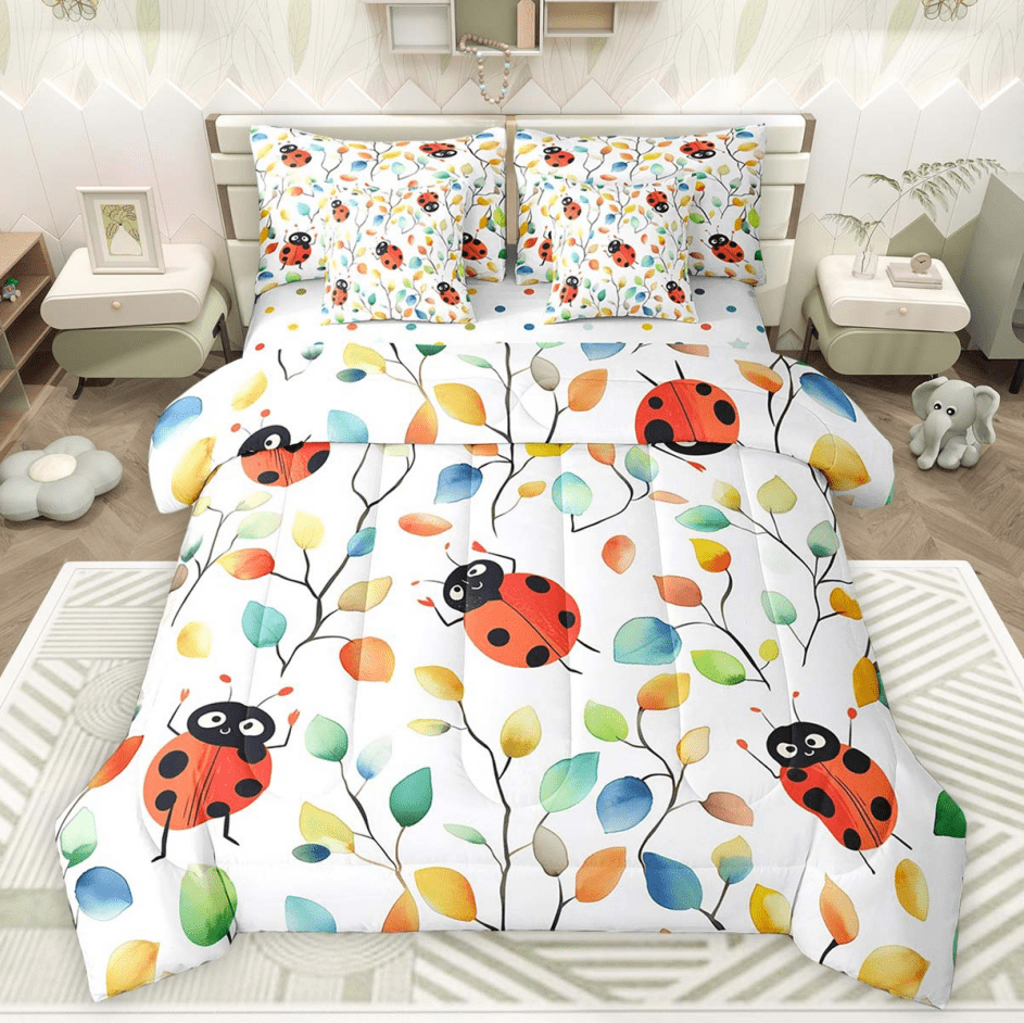 Kawaii Ladybug Twin Comforter Set 7pcs Chic Elegant Floral Bedding Comforter Sets, Cute Cartoon Animal Bed in a Bag Watercolor Leaves Bedding Set, Tropical Plant Bed Sheets Set