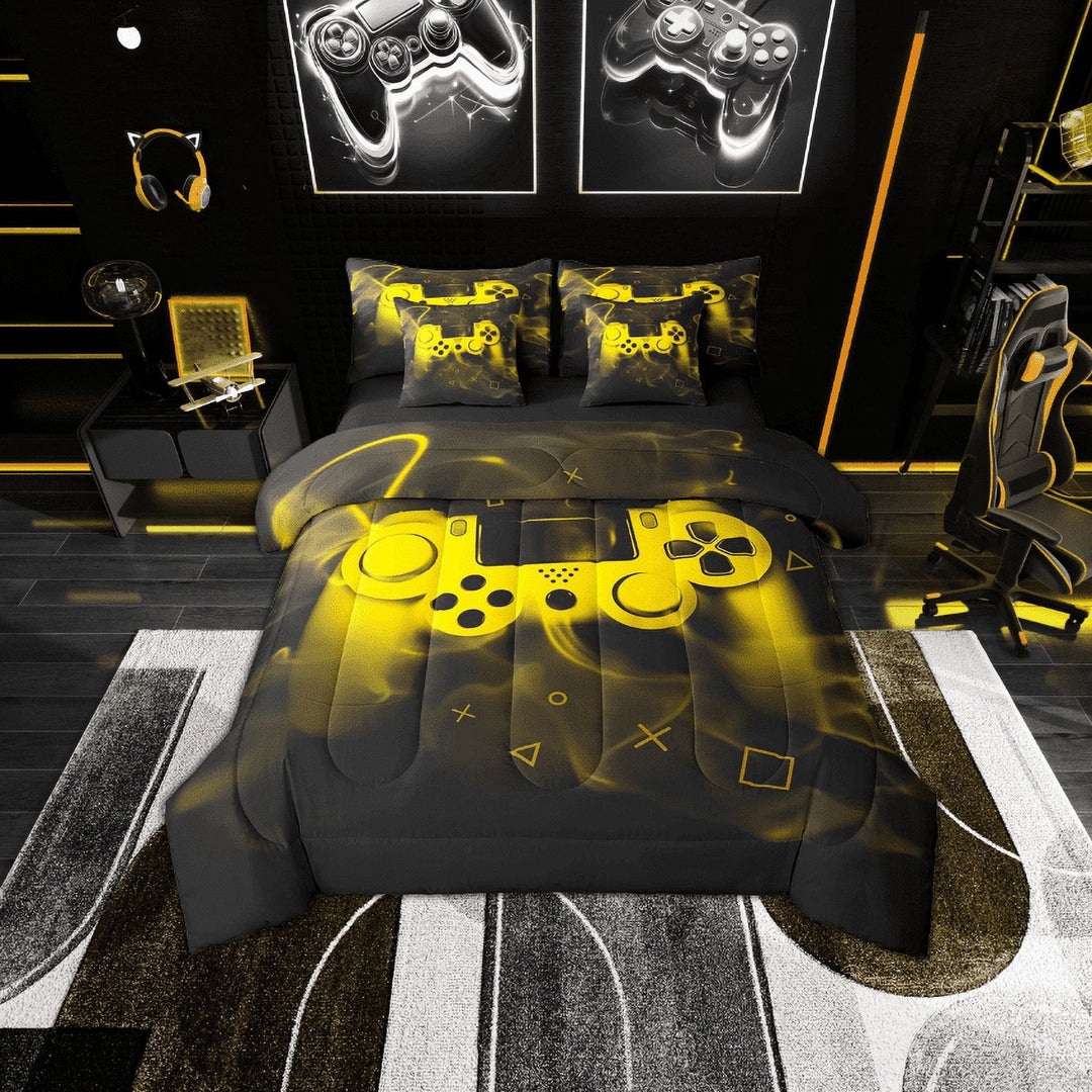 Erosebridal Teenage Gamer Bedding Sets Twin Size, Gaming Video Game Comforter Sets with Sheets, Yellow Gamepad Room Decor, Reversible 7-Piece