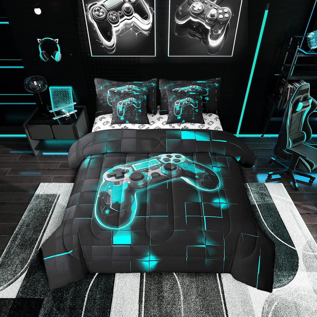 7 Piece Gamer Twin Bedding Sets ,Teal and Black Neon Gaming Comforter Set with Sheets,Geometry Checkered Bed in a Bag,Video Games Bed Set with Pillowcases &amp; Shams