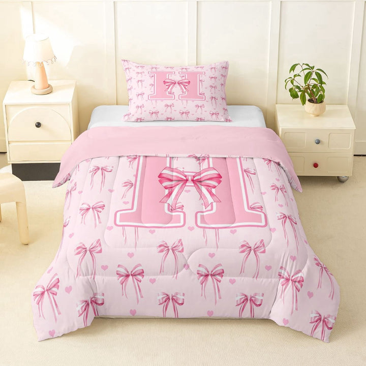 Erosebridal Cartoon Stripes Bow Twin Comforter Sets 3-Piece For Teens,Girls Pink Personalized Initial H Bedding Set,Pink Reversible