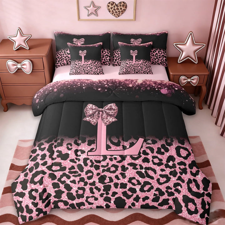 Erosebridal Women Cheetah Printed 7-Piece Twin Bedding Sets,Pink Sequin Print Bow Monogrammed L Bedding Comforter Set For Girls Kids,Reversible pink