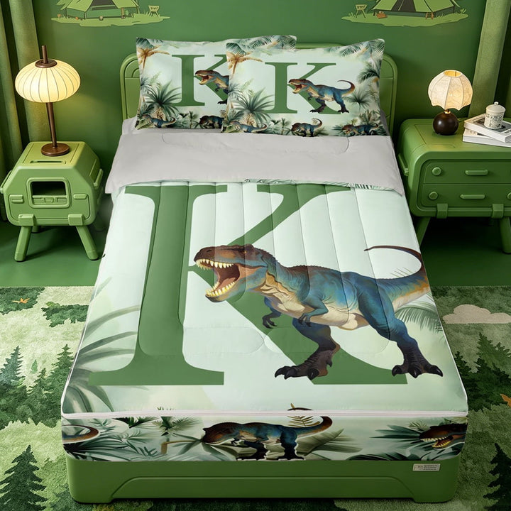 meiyoeat personalized Alphabet K Zipper Twin Comforter Sets with Fitted Sheet and 2 Pillowcases,Green Plant Monstera Leaf Zipper Bedding Set,Light Gray Reversible,4-Piece