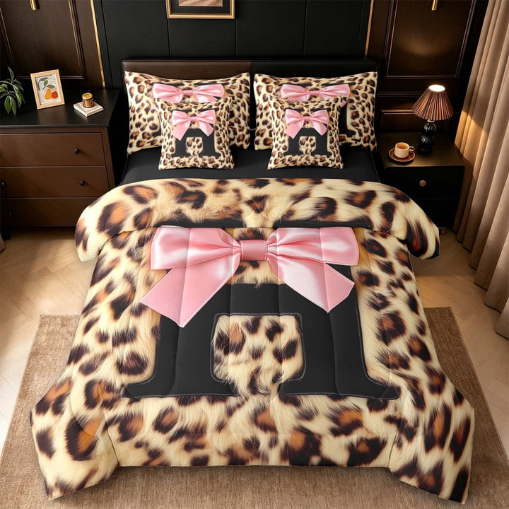 Erosebridal Safari Cheetah Print 7-Piece Twin Bedding Sets For Kids,Pink Dreamy Bowknot Initial Alphabet H Bedding Comforter Set,Black Reversible