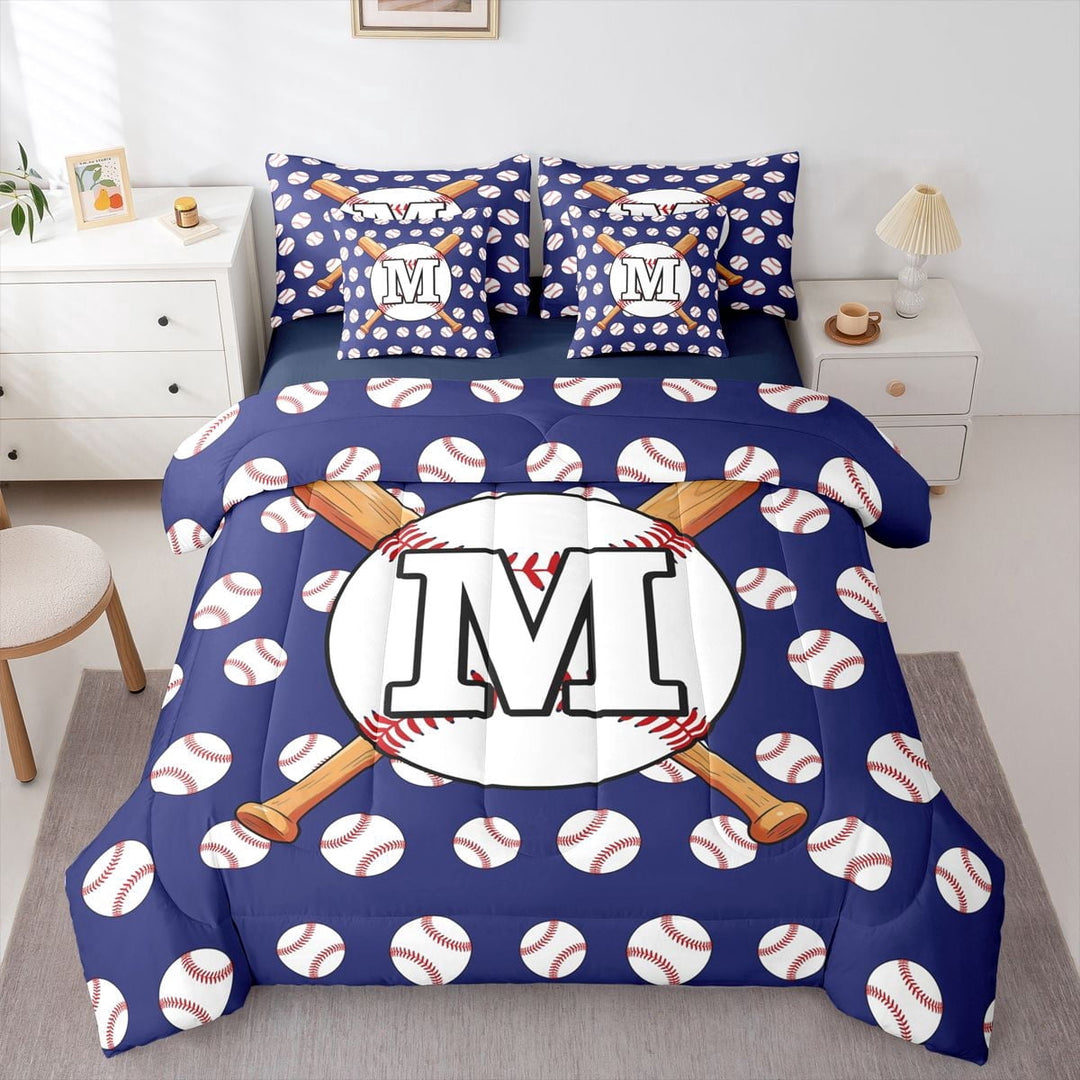 Erosebridal Personalized Initial M Baseball Print Twin Bedding Sets 7-Piece for Boys Girls,Teens Sport Theme Bedding Comforter Set,Navy Blue Reversible,Microfiber Bedroom Decor