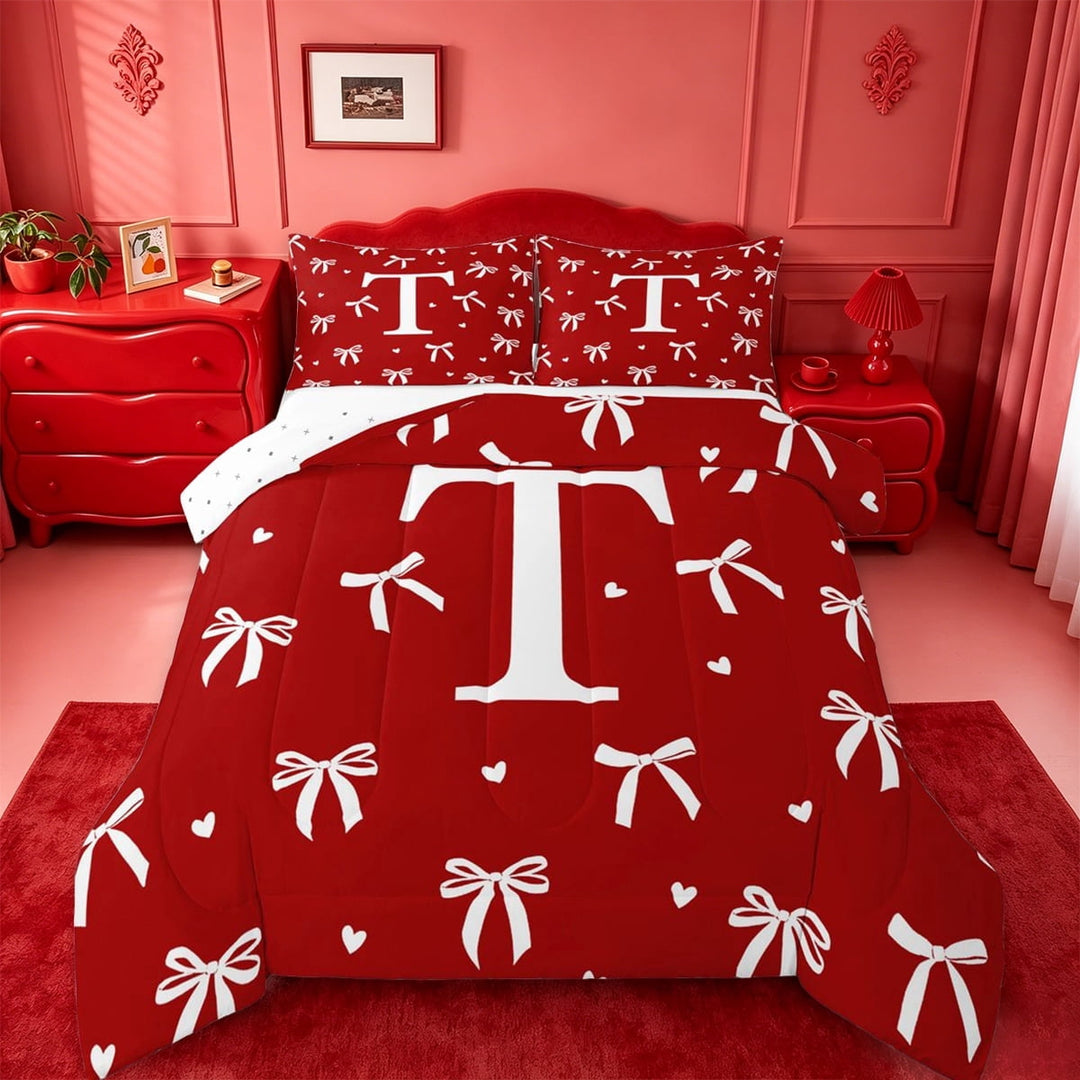 Manfei Bowknot Full Size Comforter Sets For Girl,Lovely Heart Letter T Initial Print Bedding Sets For Kids,Reversible,3pcs