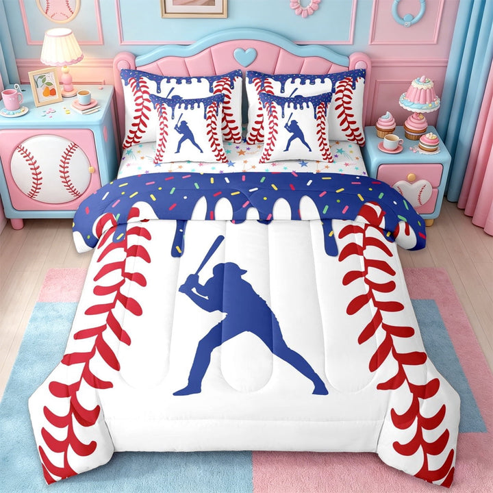 Erosebridal Ball Games 7-Piece Twin Bedding Sets For Kids Boys,Baseball Sport Gamer Bedding Comforter Set,Reversible