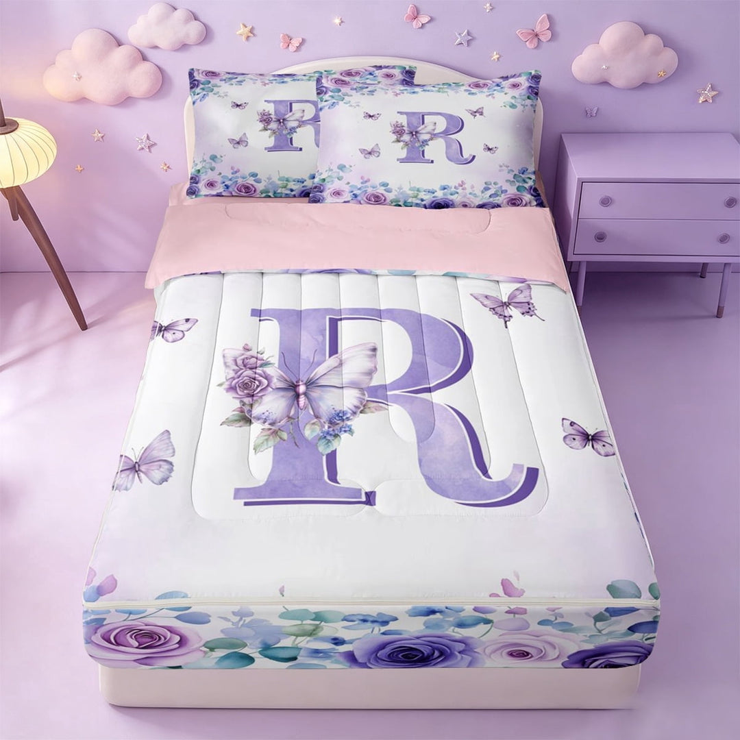 meiyoeat Butterfly Rose Monogram R Zipper Full Size Comforter Sets with Fitted Sheet and 2 Pillowcases For Girls,Purple Flower Letter Zipper Bedding Set,Pink Reversible,4-Piece