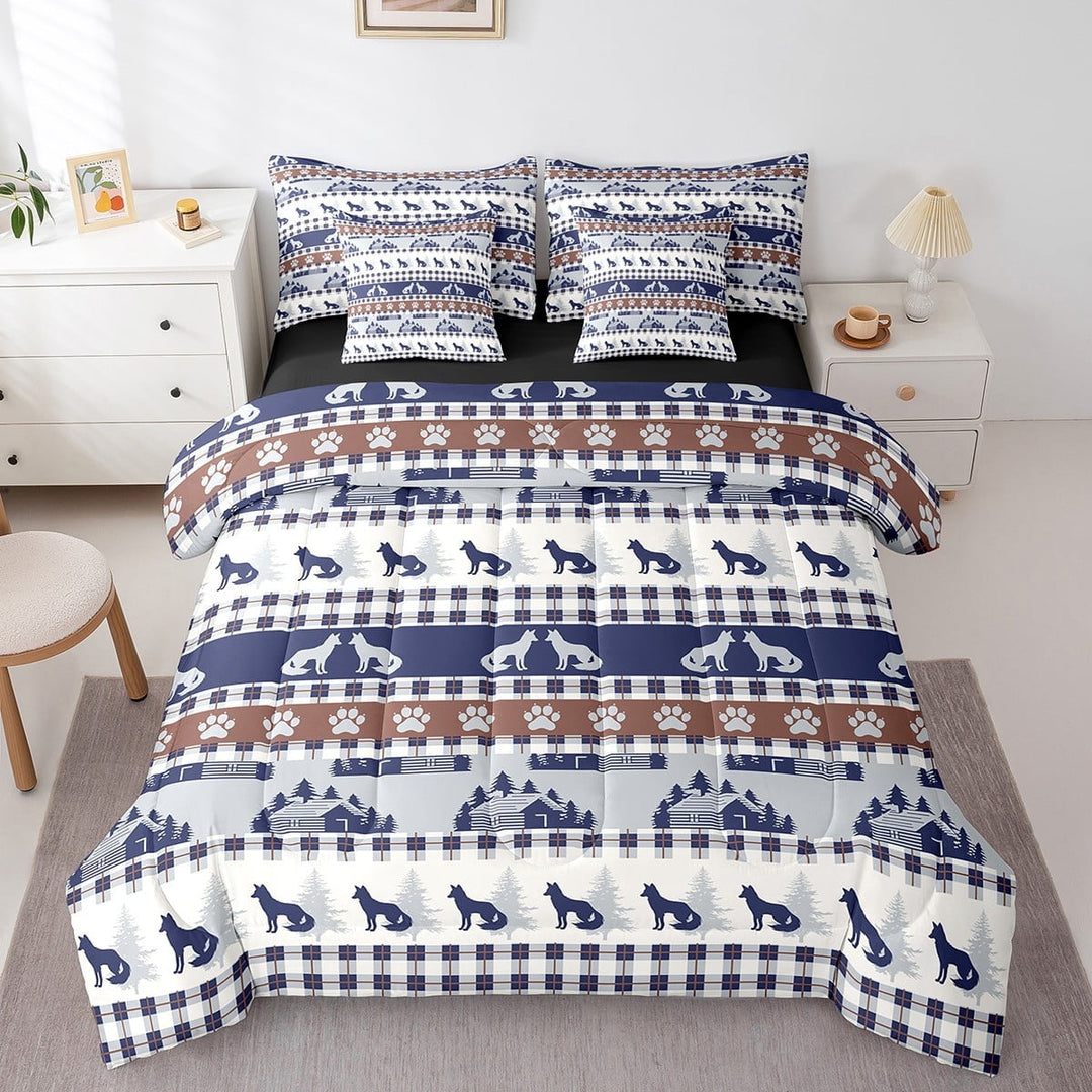 Rustic Cabin Lodge Bedding Set Twin 7 Pcs,Fox Wildlife Bed in a Bag with Flat Fitted Sheet,Checkered Buffalo Plaid Comforter Set with Pillowcase and Sham,Safari Animal Bed Sheets Set