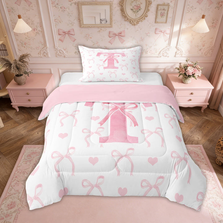 Erosebridal Girly Fairly Comforter Sets Twin Size, Romantic Initial T Comforters &amp; Duvets, Kawaii Pink Bowknot, Reversible 2pcs