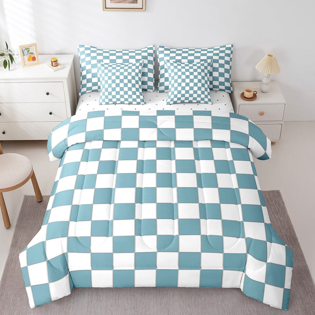 Erosebridal White Blue Checkered Twin Comforter Set With Sheets 7 Piece Buffalo Plaid Grid Bedding Set With Sheets Teen Men Checkerboard Bed In A Bag Aesthetics Gingham Bed Set