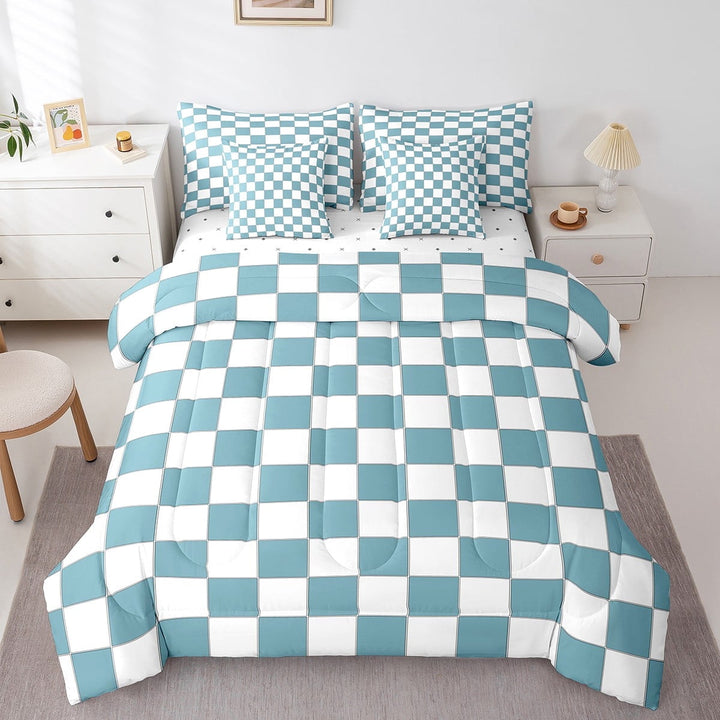 Erosebridal White Blue Checkered Twin Comforter Set With Sheets 7 Piece Buffalo Plaid Grid Bedding Set With Sheets Teen Men Checkerboard Bed In A Bag Aesthetics Gingham Bed Set