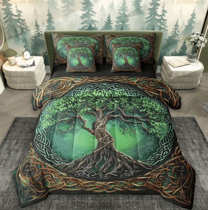 Erosebridal Botanical Tree Of Life Bedding Sets King Size,Boho Exotic Style Comforter Sets with Sheets,Brown Green Bed in a Bag King Size For Teens,,Black Reversible,7-Piece