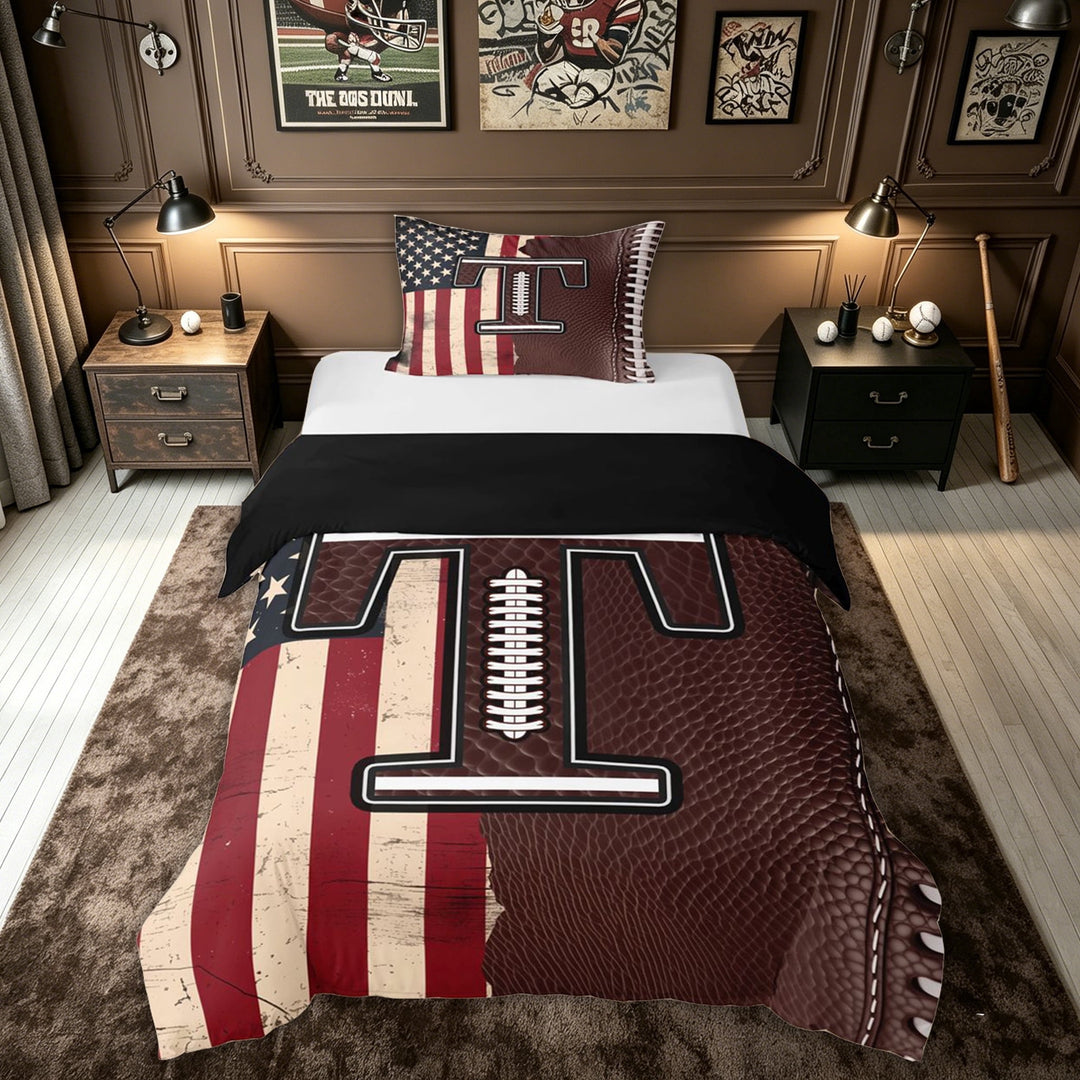 meiyoeat Football Letter T Bedding for Men Boys, US Flag Initial Duvet Cover Full for Game Day, Brown, Black Reversible 3-Piece, 1 Duvet Cover and 2 Pillowcases (No Comforter)