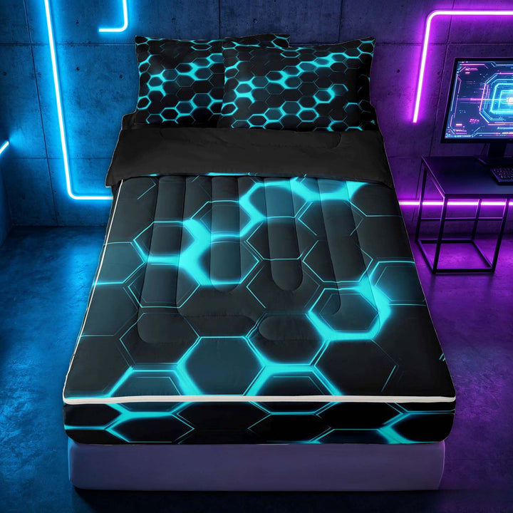 meiyoeat Neon Honeycomb Pattern Zipper Full Size Comforter Sets with Fitted Sheet and 2 Pillowcases for Boys Girls, Geometric Hexagon Zipper Bedding Set, Cyan, Black Reversible