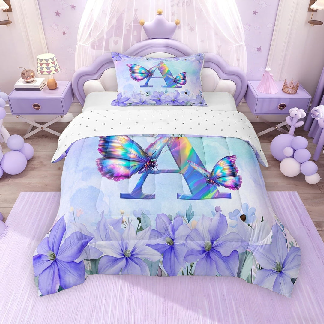 Erosebridal Purple Butterfly Twin Comforter Sets for Girls, Garden Flower Floral Bedding Set, Initial A, Reversible, 1 Comforter and 1 Pillowcase
