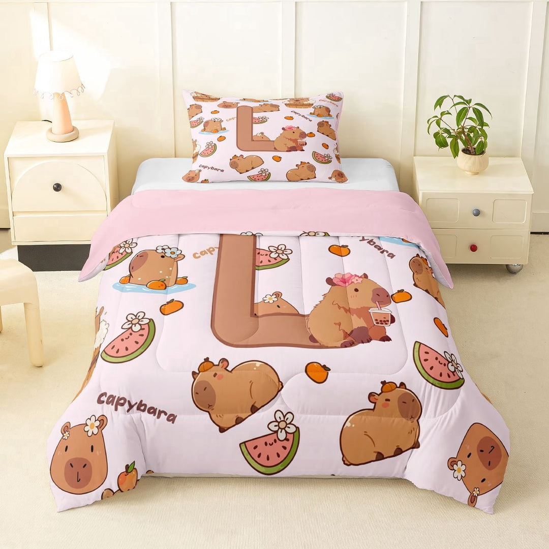 Erosebridal Kawaii Capybara Letter Monogrammed L Twin Comforter Sets 3-Piece For Boys Girls,Cute Food Fruit Food Animal Bedding Set For Kids,Pink Reversible