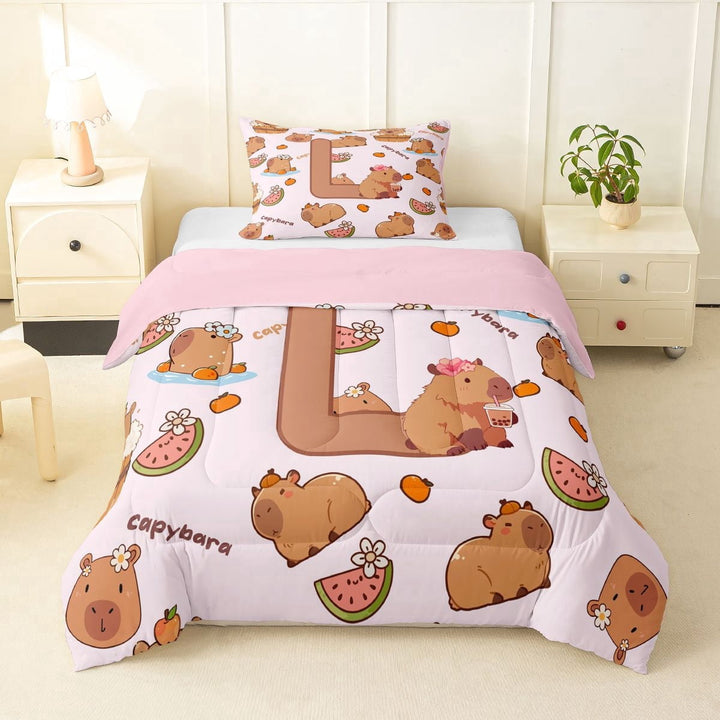 Erosebridal Kawaii Capybara Letter Monogrammed L Twin Comforter Sets 3-Piece For Boys Girls,Cute Food Fruit Food Animal Bedding Set For Kids,Pink Reversible