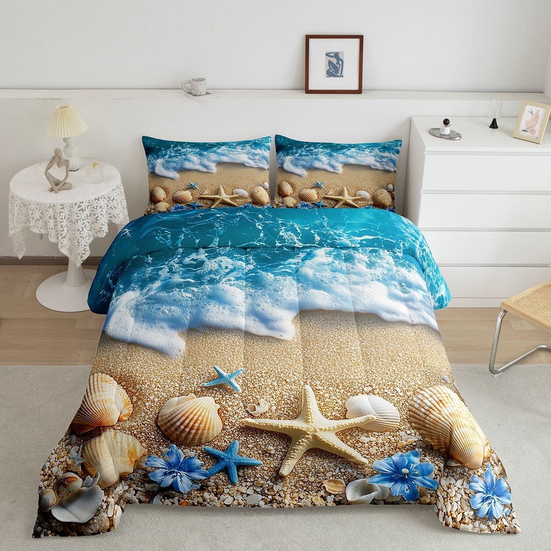 Erosebridal Coastal Marine Comforter Sets Queen Size, Kawaii Seashell Comforters &amp; Duvets, Cartoon Beach Decor, Reversible 3 Pieces