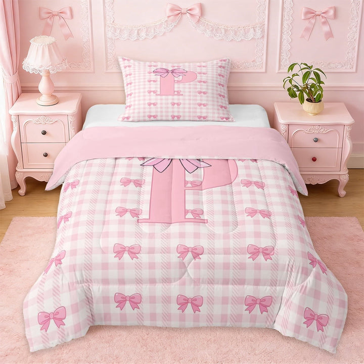 Erosebridal Letter P Initial Twin Comforter Sets For Kids Girls,Pink Geometric Grid Print Bedding Set,Pink Reversible,2pcs