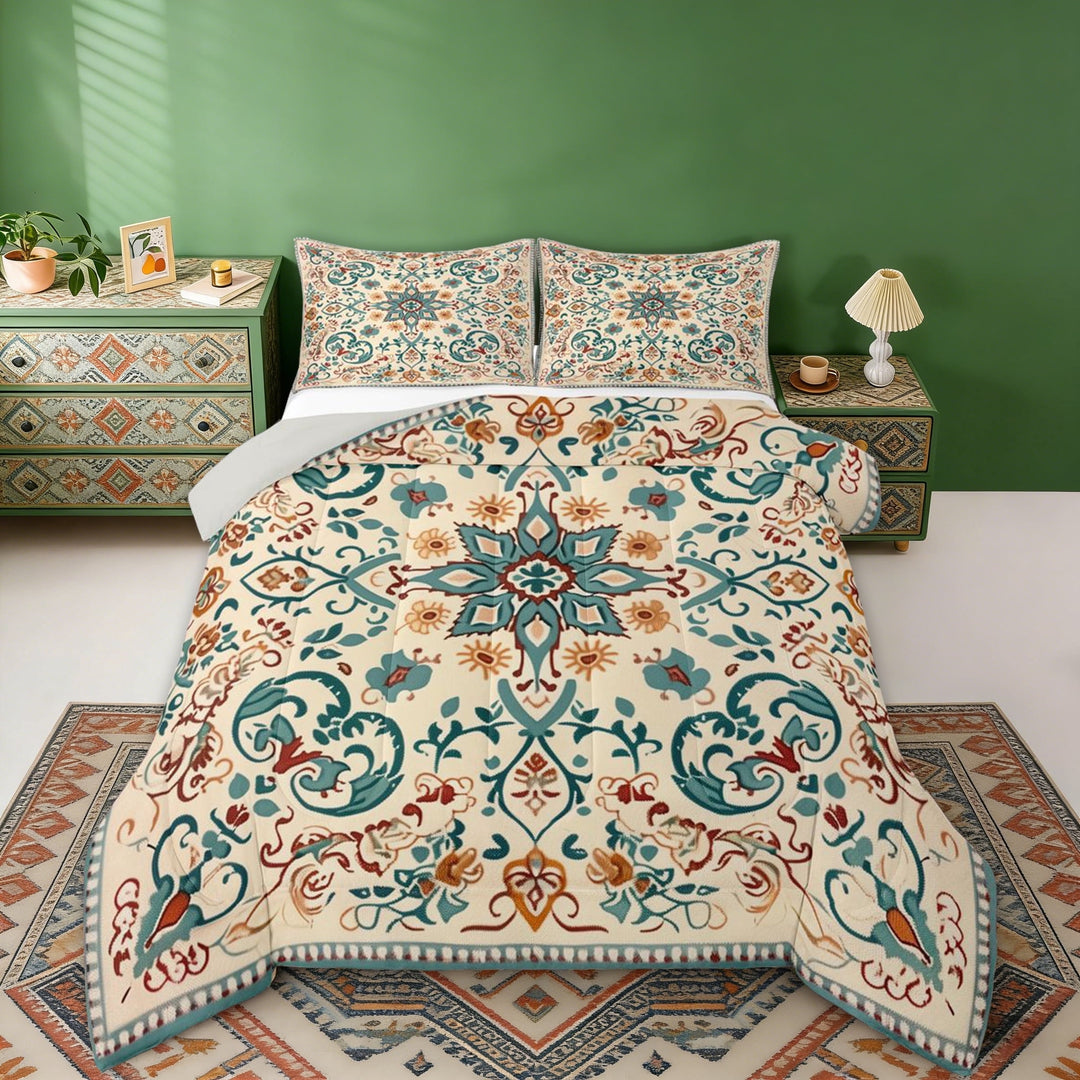 Erosebridal Teal Orange Mandala Full Size Comforter Sets, Bohemian Exotic Style Bedding Sets, Gray Reversible 3pcs, 1 Comforter and 2 Pillowcases