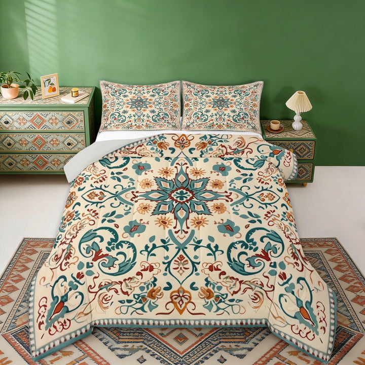 Erosebridal Teal Orange Mandala Full Size Comforter Sets, Bohemian Exotic Style Bedding Sets, Gray Reversible 3pcs, 1 Comforter and 2 Pillowcases
