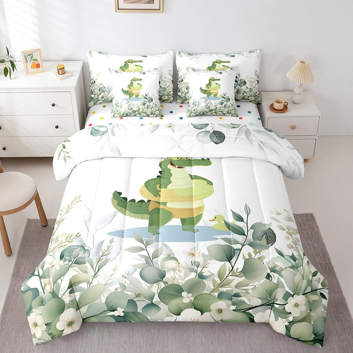 Erosebridal 7-Piece Kawaii Animal Bedding Twin Cute Crocodile Comforter Set, Cartoon Wildlife Bedding Comforter Sets Green Leaf Bed in a Bag, Spring Garden Bedding Accessories Bedroom Decor