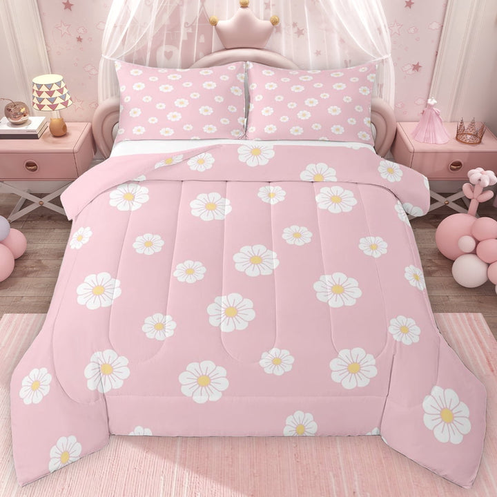 Erosebridal Chic Daisy Flower Queen Comforter Set for Girls, Pink Bedding Comforter Set, Pink Reversible 2 Pieces, 1 Comforter and 2 Pillowcases
