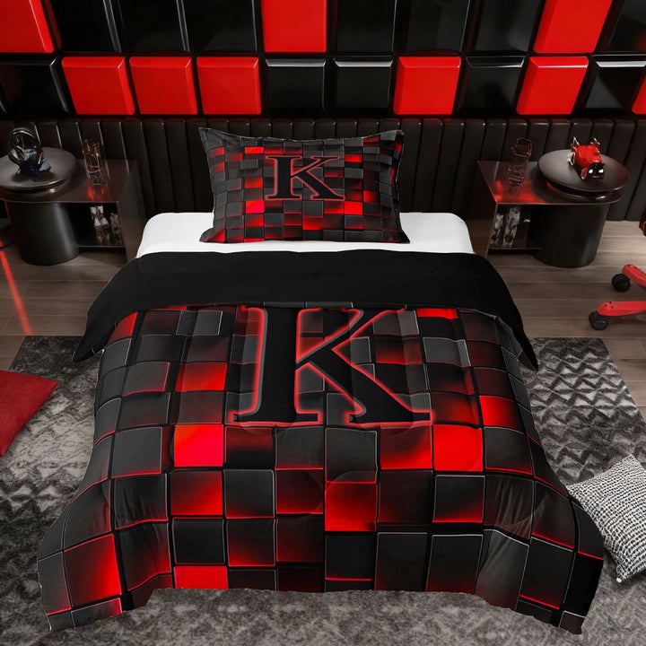 Erosebridal Girls Boys Neon Lights Futuristic Cubes Twin Comforter Sets 3-Piece,K Letter Monogrammed Black Red Bedding Set For Kids Teens,Black Reversible