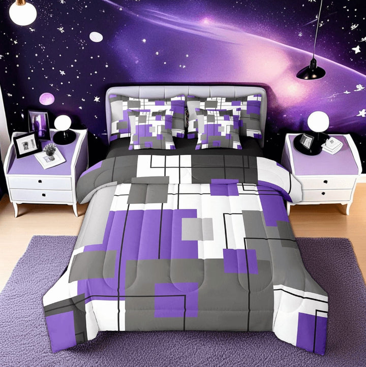 Erosebridal Black White Grey Purple Bed In A Bag Twin Geometric Square Comforter Set 7 Piece Adults Women Modern Geometry Stripes Bedding Comforter Sets Abstract Line Bed Set