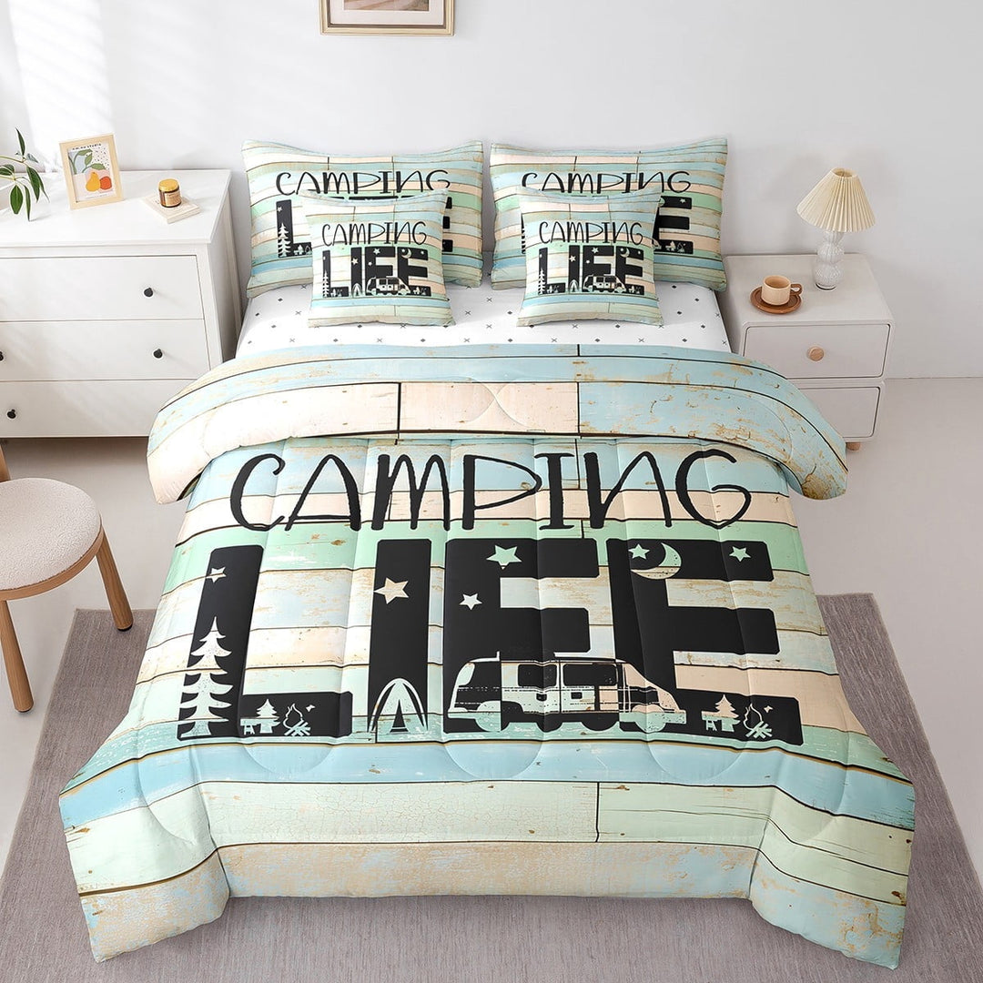 Erosebridal Happy Camping Bedding Sets Twin Size,Lodge Cabin Comforter Sets with Sheets,RV Car Bed in a Bag Twin size,Microfiber Boys Bedroom Decor,Reversible,7pcs