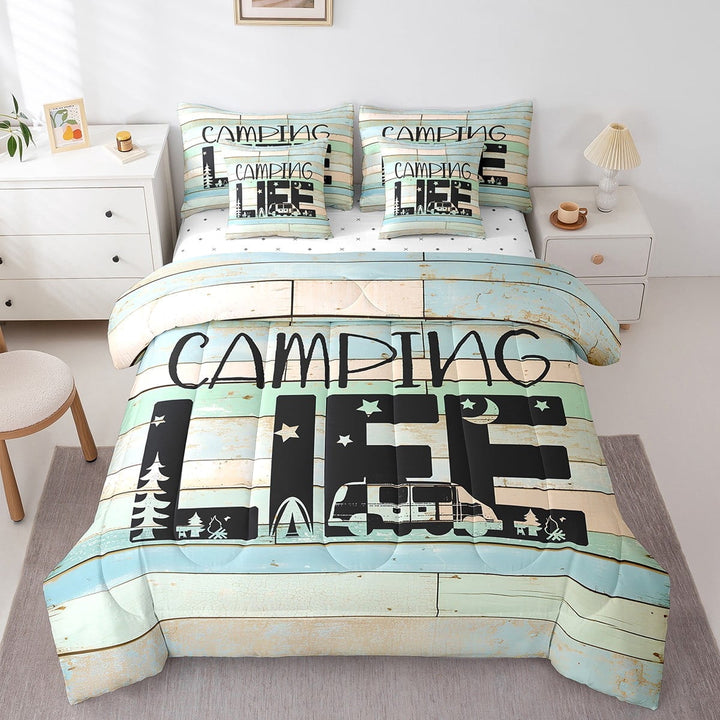 Erosebridal Happy Camping Bedding Sets Twin Size,Lodge Cabin Comforter Sets with Sheets,RV Car Bed in a Bag Twin size,Microfiber Boys Bedroom Decor,Reversible,7pcs