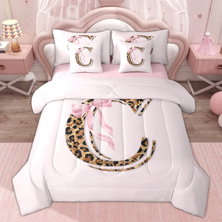 Erosebridal Leopard Print Letter C Twin Bedding Sets for Kids, Princess Cartoon Bedding Comforter Set, 7 Pieces