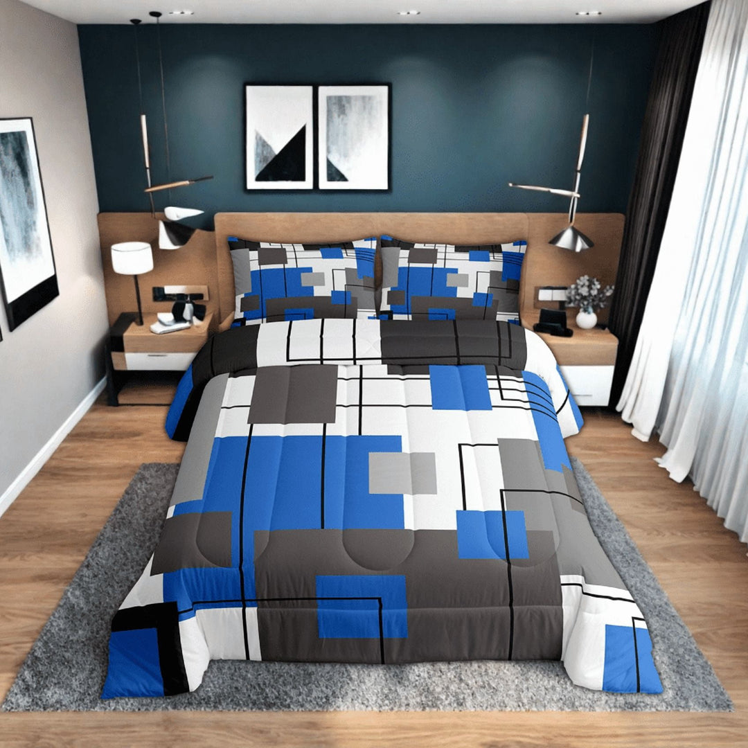 Erosebridal Teen Blue Square Bedding Set Full Black Grey Geometric Square Down Comforter Black Geometry Striped Comforter Set Modern Abstract Quilt Duvet Insert Simple 2 Pillow Cases